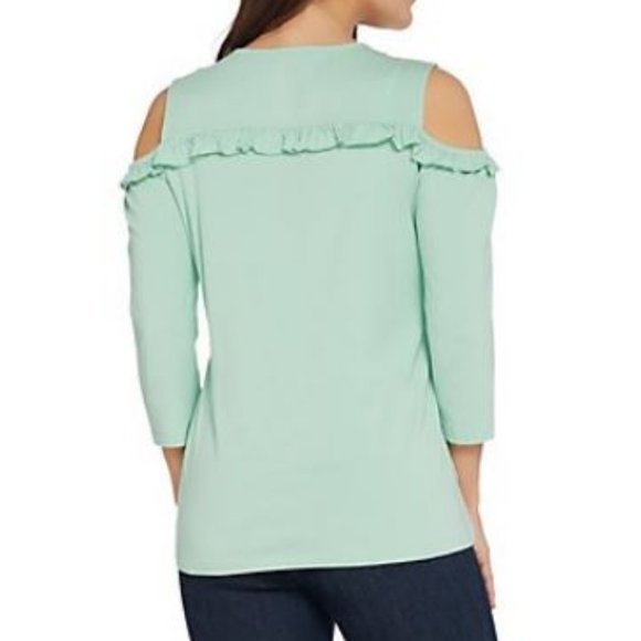 Denim & Co 3/4 Sleeve Cold Shoulder Top w/ Ruffle - Picture 2 of 3